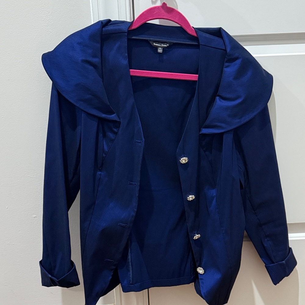 Samuel Dong Royal Blue Satin Blazer with Crystal Buttons